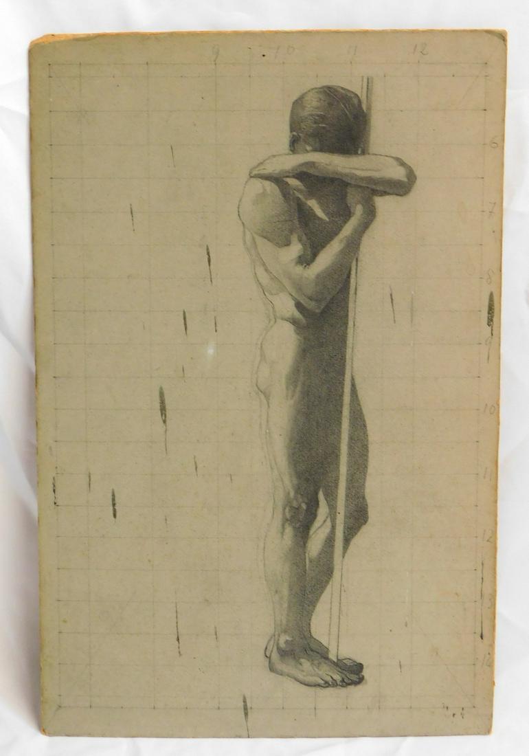 STANDING MALE NUDE STUDY, UNFRAMED, POSSIBLY 19TH CENTURY, CHARCOAL AND GRAPHITE ON COMPOSITION: STANDING MALE NUDE STUDY, UNFRAMED, POSSIBLY 19TH CENTURY, CHARCOAL AND GRAPHITE ON COMPOSITION BOARD 19X12.5 REF# (291)