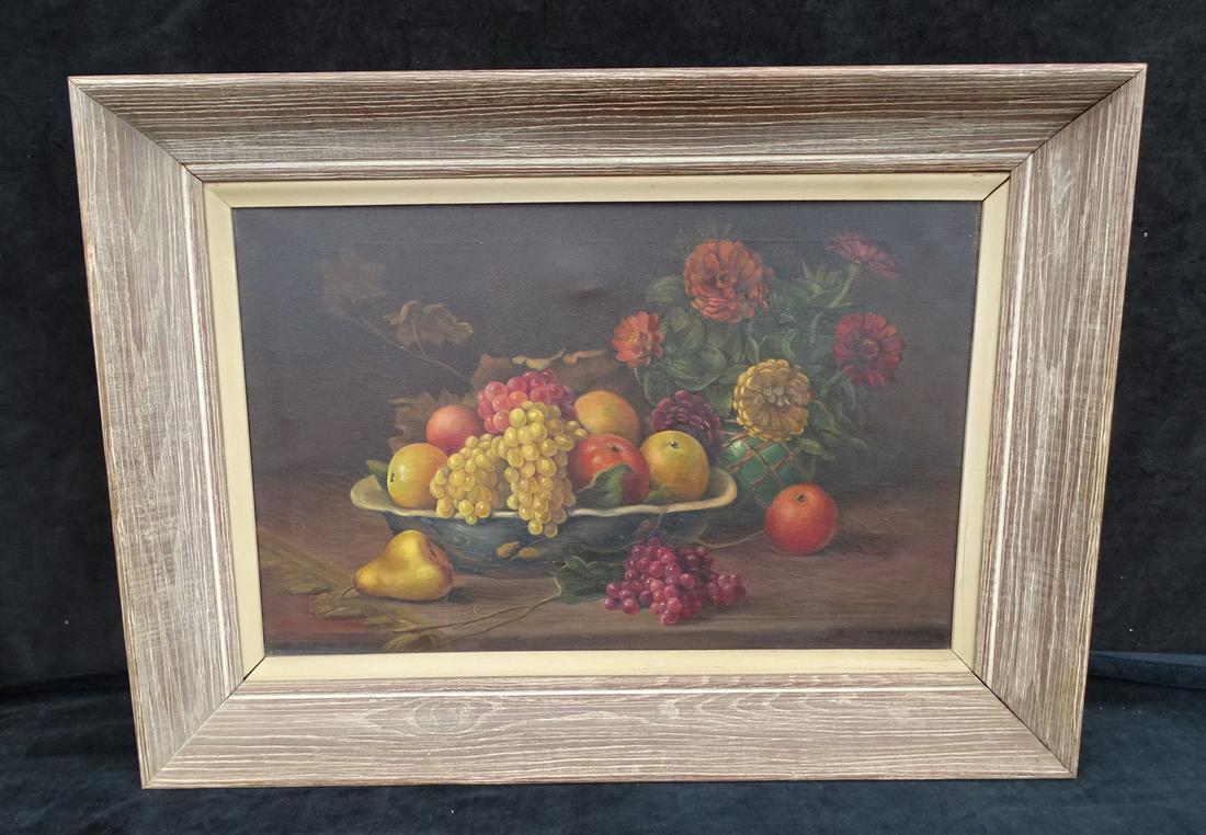 E.N. FAIRCHILD SIGNED "STILL LIFE WITH FRUIT BOWL AND ZINNIA FLOWERS" 17.5X27.5 IMAGE, 26X38 OVERALL: E.N. FAIRCHILD SIGNED "STILL LIFE WITH FRUIT BOWL AND ZINNIA FLOWERS" 17.5X27.5 IMAGE, 26X38 OVERALL (A 330)