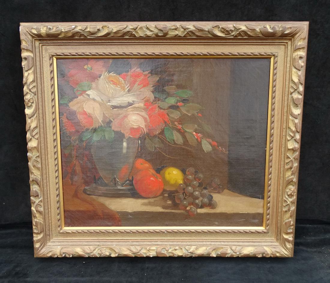 C ARNOLD SIGNE "STILL LIFE WITH FRUIT BOWL AND FLOWERS" OIL ON CANVAS. 18X22 IMAGE, 25X29 OVERALL (A: C ARNOLD SIGNE "STILL LIFE WITH FRUIT BOWL AND FLOWERS" OIL ON CANVAS. 18X22 IMAGE, 25X29 OVERALL (A 329)