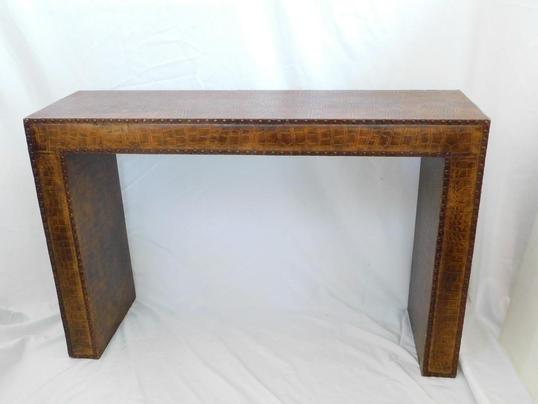 KARL SPRINGER STYLE FAUX CROCODILE EMBOSSED LEATHER CONSOLE W/NAILHEADS 30" X 48" X 14": KARL SPRINGER STYLE FAUX CROCODILE EMBOSSED LEATHER CONSOLE W/NAILHEADS 30" X 48" X 14"