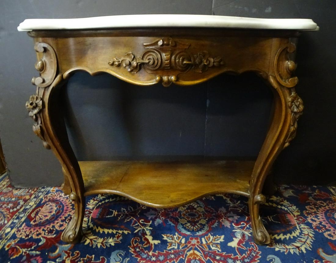 VICTORIAN ROSEWOOD MARBLE TOPPED PIER TABLE (LIGHT SCRATCHES, STAINS ON MARBLE) 33 1/2" X 47" X 24": VICTORIAN ROSEWOOD MARBLE TOPPED PIER TABLE (LIGHT SCRATCHES, STAINS ON MARBLE) 33 1/2" X 47" X 24"