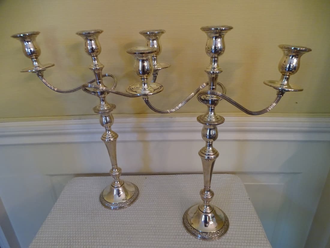 PAIR OF STERLING SILVER WEIGHTED THREE LIGHT CANDELABRA 17.5"H (S006): PAIR OF STERLING SILVER WEIGHTED THREE LIGHT CANDELABRA 17.5"H (S006)