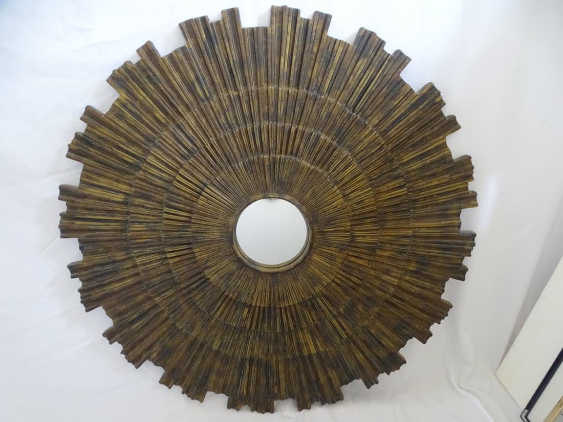 COMPOSITE SUNBURST MIRROR IN FAUX WOOD WITH GILT ACCENTS, 45.5" DIA.: COMPOSITE SUNBURST MIRROR IN FAUX WOOD WITH GILT ACCENTS, 45.5" DIA.