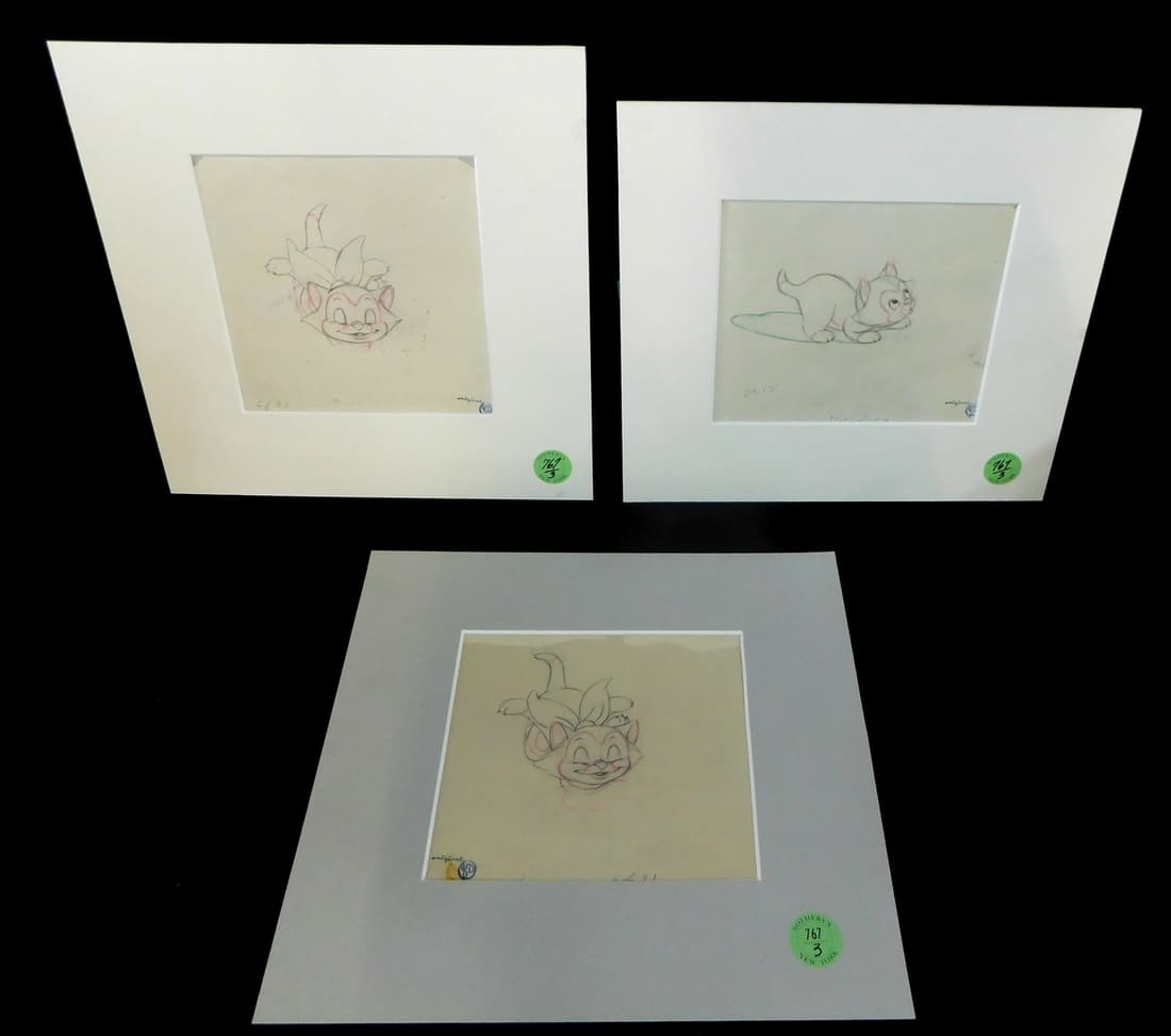 THREE ORIGINAL WALT DISNEY ANIMATION CELS 1939, ENGRAVED AND SIGNED, DRAWING OF FIGARO FROM DISNEY'S: THREE ORIGINAL WALT DISNEY ANIMATION CELS 1939, ENGRAVED AND SIGNED, DRAWING OF FIGARO FROM DISNEY'S PINOCCHIO. LARGEST 6X6 IMAGE, 12X12 OVERALL