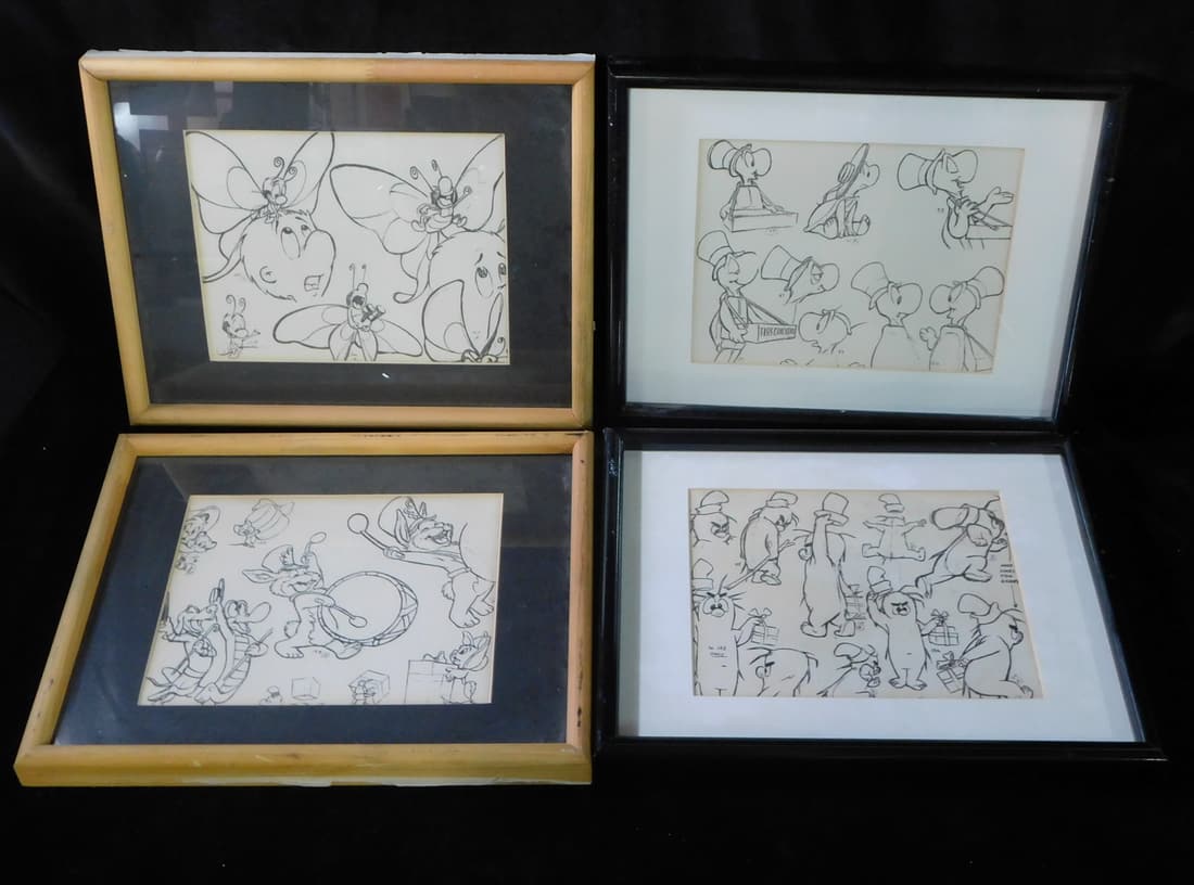 FOUR ORIGINAL FRAMED CHARACTER SHEETS FROM POGO COMIC, BY WALT KELLY. ALL 12.5X15 OVERALL: FOUR ORIGINAL FRAMED CHARACTER SHEETS FROM POGO COMIC, BY WALT KELLY. ALL 12.5X15 OVERALL