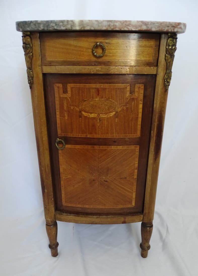 INLAID, BRONZE MOUNTED MARBLE TOP NIGHTSTAND/COMMODE 31 1/4" X 16 1/2" X 14 3/4": INLAID, BRONZE MOUNTED MARBLE TOP NIGHTSTAND/COMMODE 31 1/4" X 16 1/2" X 14 3/4"