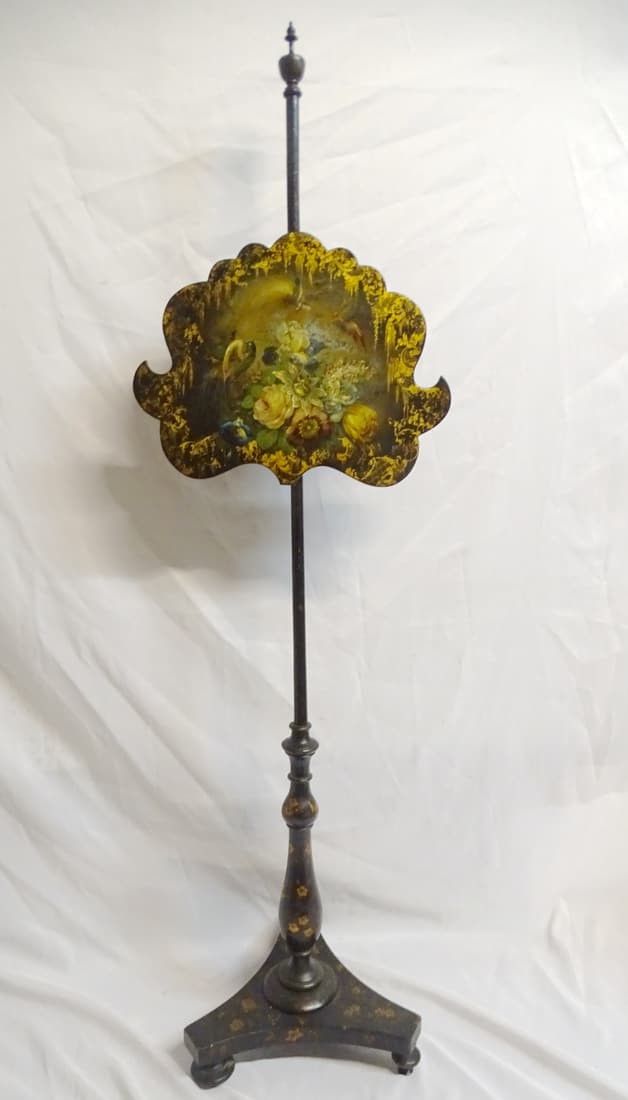 PAPIER MACHE FIRE SCREEN WITH BIRDS AND FLOWERS 58"H: PAPIER MACHE FIRE SCREEN WITH BIRDS AND FLOWERS 58"H