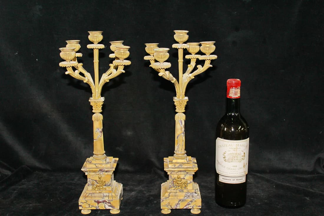 PAIR OF EMPIRE STYLE BRASS FIVE LITE CANDELABRAS. 16 H X 7 W X 7 D.: PAIR OF EMPIRE STYLE BRASS FIVE LITE CANDELABRAS. 16 H X 7 W X 7 D.