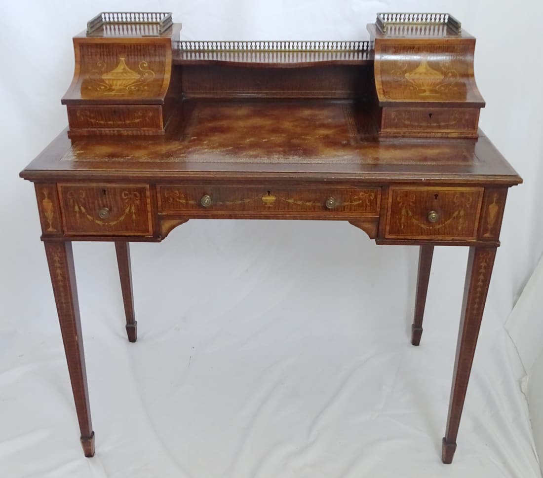 ADAMS STYLE INLAID MAHOGANY GALLERIED CARLTON HOUSE LADIES DESK 37 1/2" X 37" X 22": ADAMS STYLE INLAID MAHOGANY GALLERIED CARLTON HOUSE LADIES DESK 37 1/2" X 37" X 22"