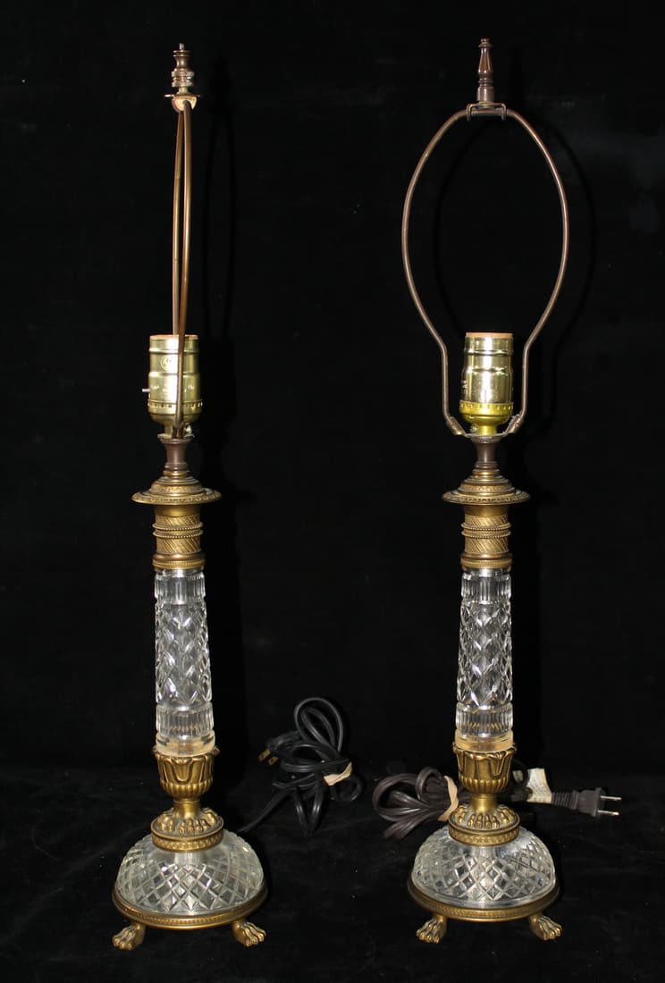 PAIR OF BRONZE & CRYSTAL CANDLESTICK LAMPS (AUSTRIA) 24" HIGH: PAIR OF BRONZE & CRYSTAL CANDLESTICK LAMPS (AUSTRIA) 24" HIGH