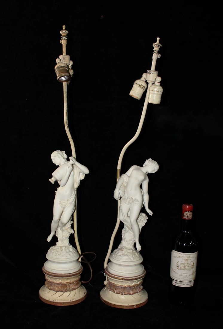 PAIR OF ROBINSON & LEADBEATER PARIAN LAMPS "MORNING & EVENING DEW" 31" TALLEST (SOME REPAIRS): PAIR OF ROBINSON & LEADBEATER PARIAN LAMPS "MORNING & EVENING DEW" 31" TALLEST (SOME REPAIRS)