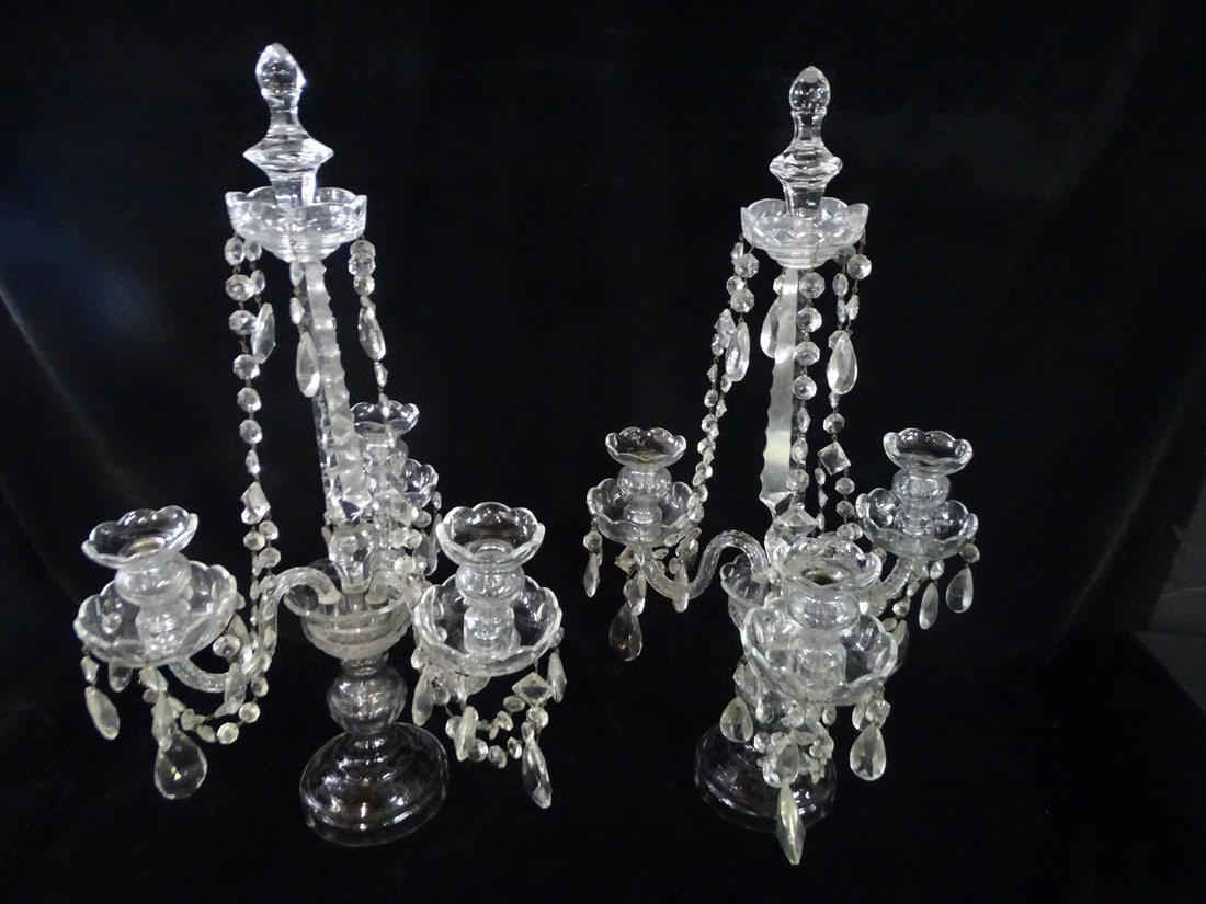 PAIR OF 3 ARM CRYSTAL CANDELABRAS 23.5"H: PAIR OF 3 ARM CRYSTAL CANDELABRAS 23.5"H