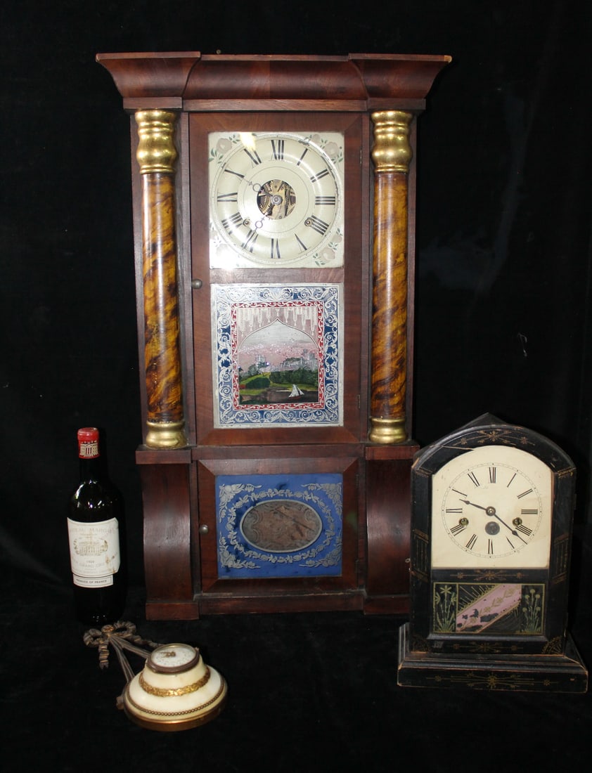 3 CLOCKS INC. REVERSE PAINTED SETH THOMAS 8 DAY 32 1/2" X 19" X 6": 3 CLOCKS INC. REVERSE PAINTED SETH THOMAS 8 DAY 32 1/2" X 19" X 6"