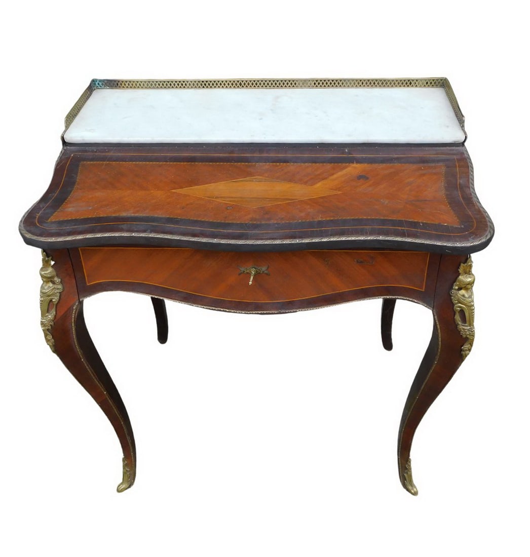FRENCH INLAID, BRONZE MOUNTED, MARBLE TOP WRITING DESK 32" HIGH, 29 1/2" LONG & 20" DEEP: FRENCH INLAID, BRONZE MOUNTED, MARBLE TOP WRITING DESK 32" HIGH, 29 1/2" LONG & 20" DEEP