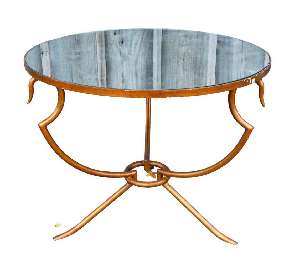 GILT METAL CIRCULAR CENTER TABLE WITH MIRRORED TOP 29.5 H X 37"DIA.: GILT METAL CIRCULAR CENTER TABLE WITH MIRRORED TOP 29.5 H X 37"DIA.