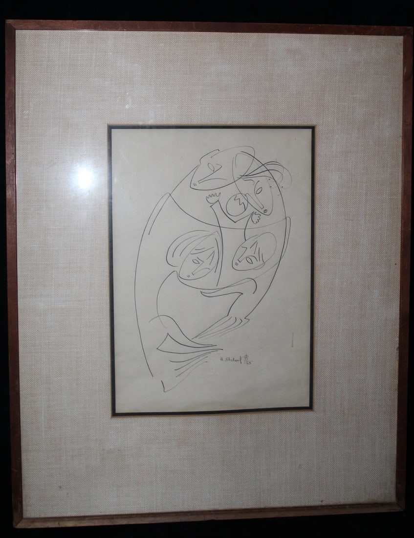 H. EHDOUF, "LOVING FAMILY", MIDCENTURY (1965) PEN AND INK ON PAPER, 11 X 8.5 IMAGE, 20.75 X 16.5: H. EHDOUF, "LOVING FAMILY", MIDCENTURY (1965) PEN AND INK ON PAPER, 11 X 8.5 IMAGE, 20.75 X 16.5 OVERALL