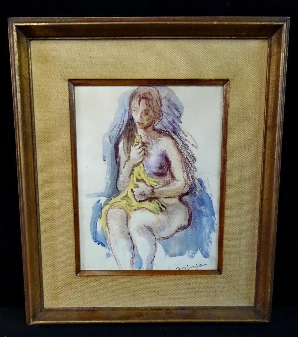 MOSES SOYER WATERCOLOR OF A SEATED NUDE 13 1/2" X 10": MOSES SOYER WATERCOLOR OF A SEATED NUDE 13 1/2" X 10"