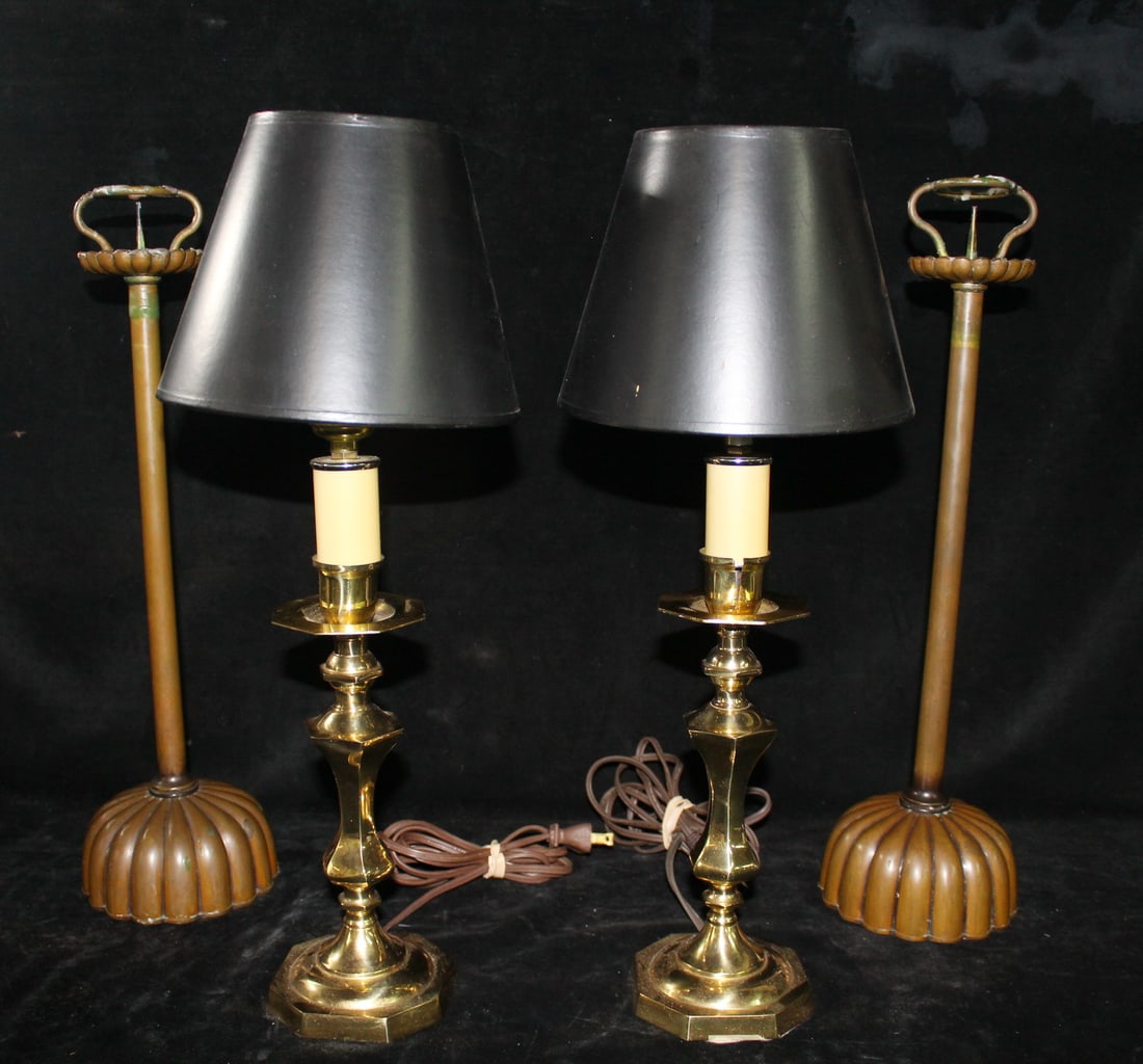 PAIR OF BRONZE PRICKET STICKS & PAIR OF BRASS CANDLESTICK LAMPS 17 1/2" HIGH (1 of 16)