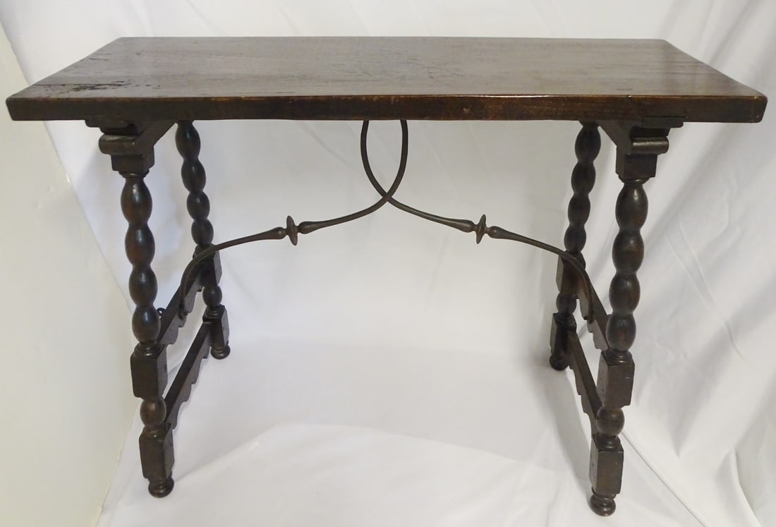 SPANISH COLONIAL 19TH CENTURY CONSOLE W/IRON STRETCHER 34" X 41" X 15 1/2": SPANISH COLONIAL 19TH CENTURY CONSOLE W/IRON STRETCHER 34" X 41" X 15 1/2"