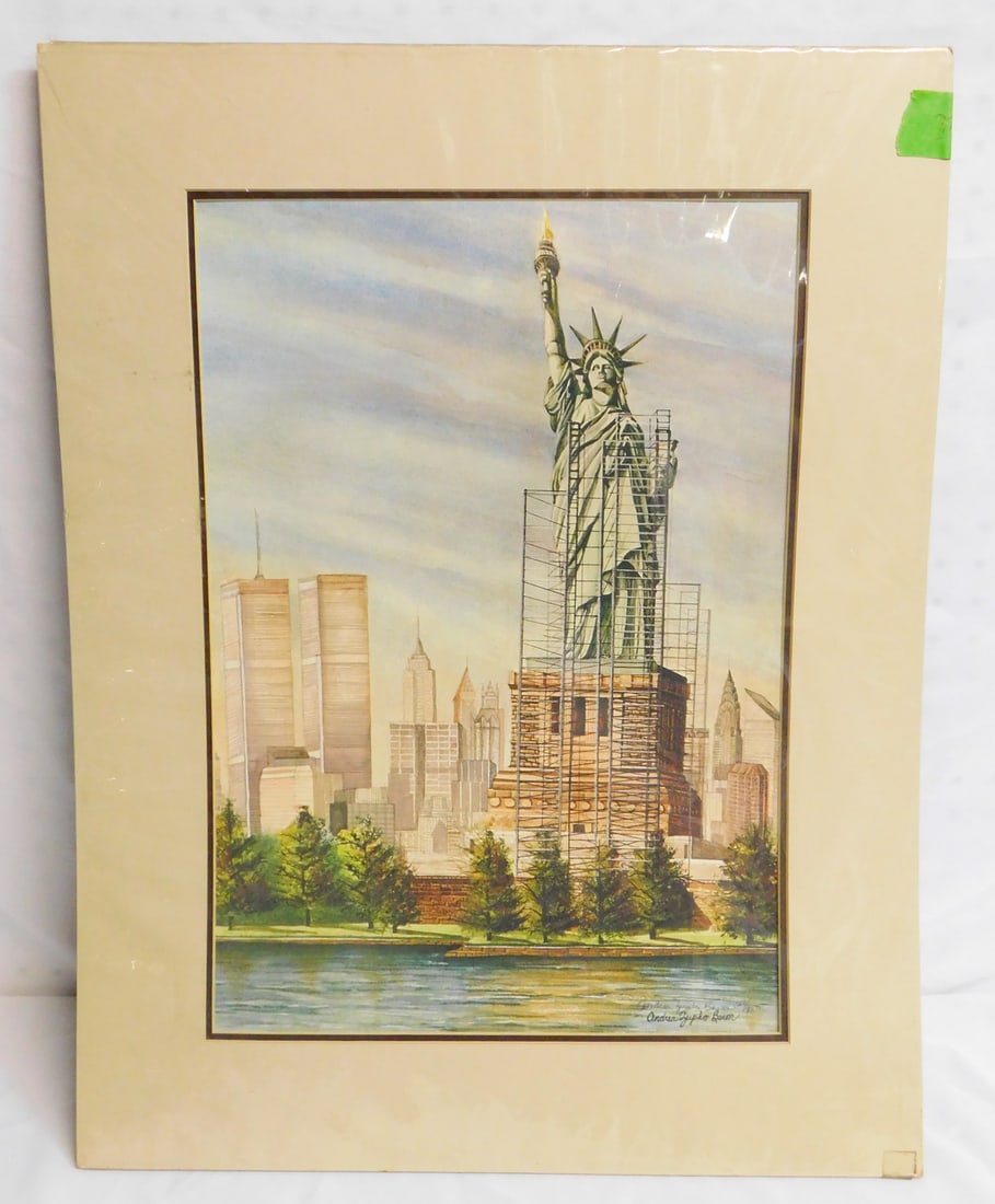 ORIGINAL WATERCOLOR CITYSCAPE OF STATUE OF LIBERTY SIGNED ANDREA BARON 26" X 20" (1 of 7)
