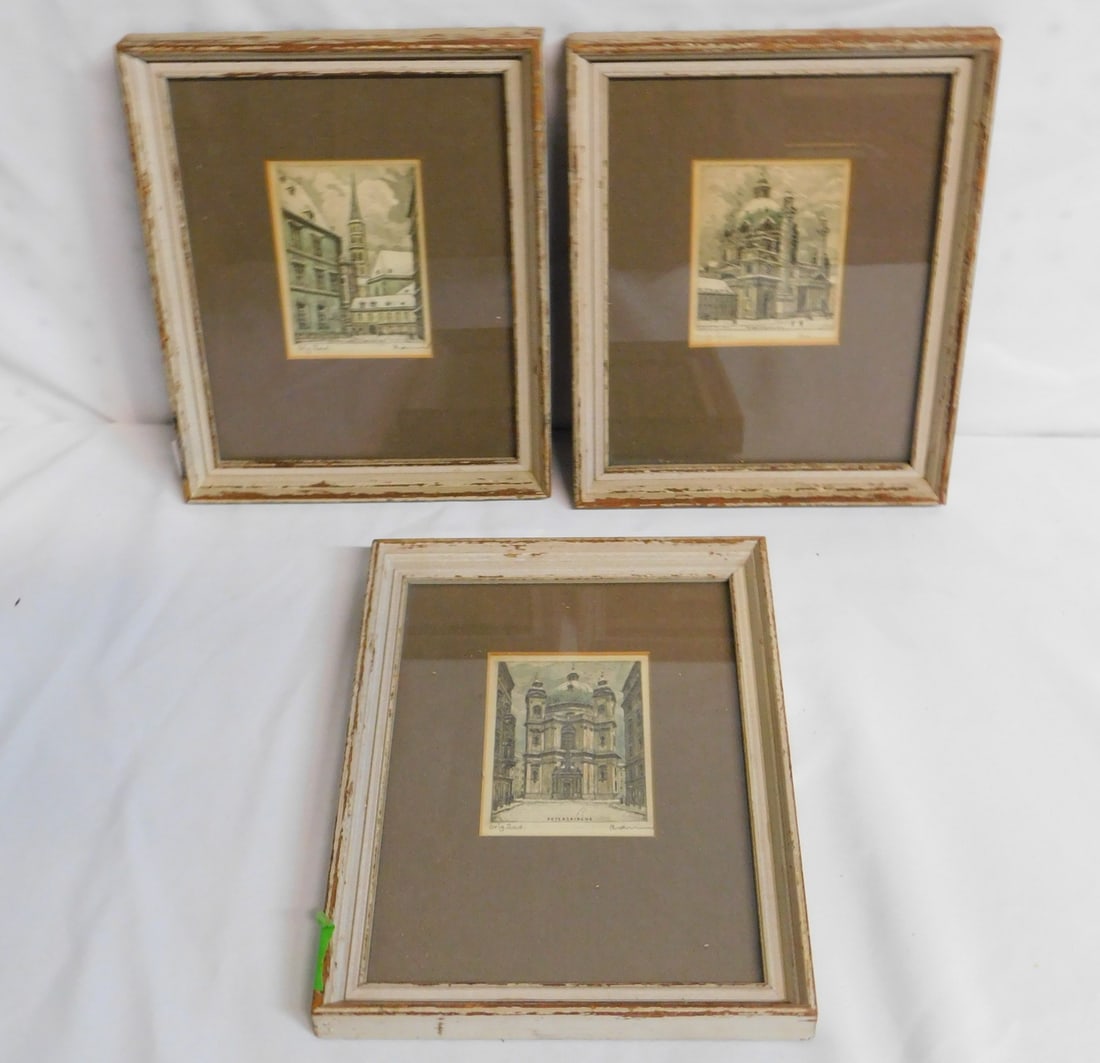 3 SIGNED ENGRAVINGS, SIGNATURE ILLEGIBLE, ARCHITECTURAL BUILDINGS 10" X 8" (1 of 7)