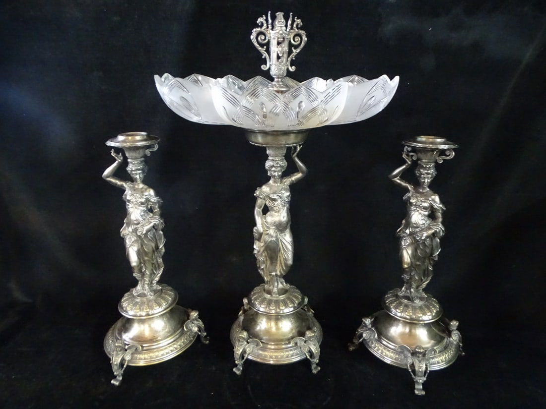 3PC SILVERED BRONZE FIGURAL GARNITURE 22''H (1 of 20)