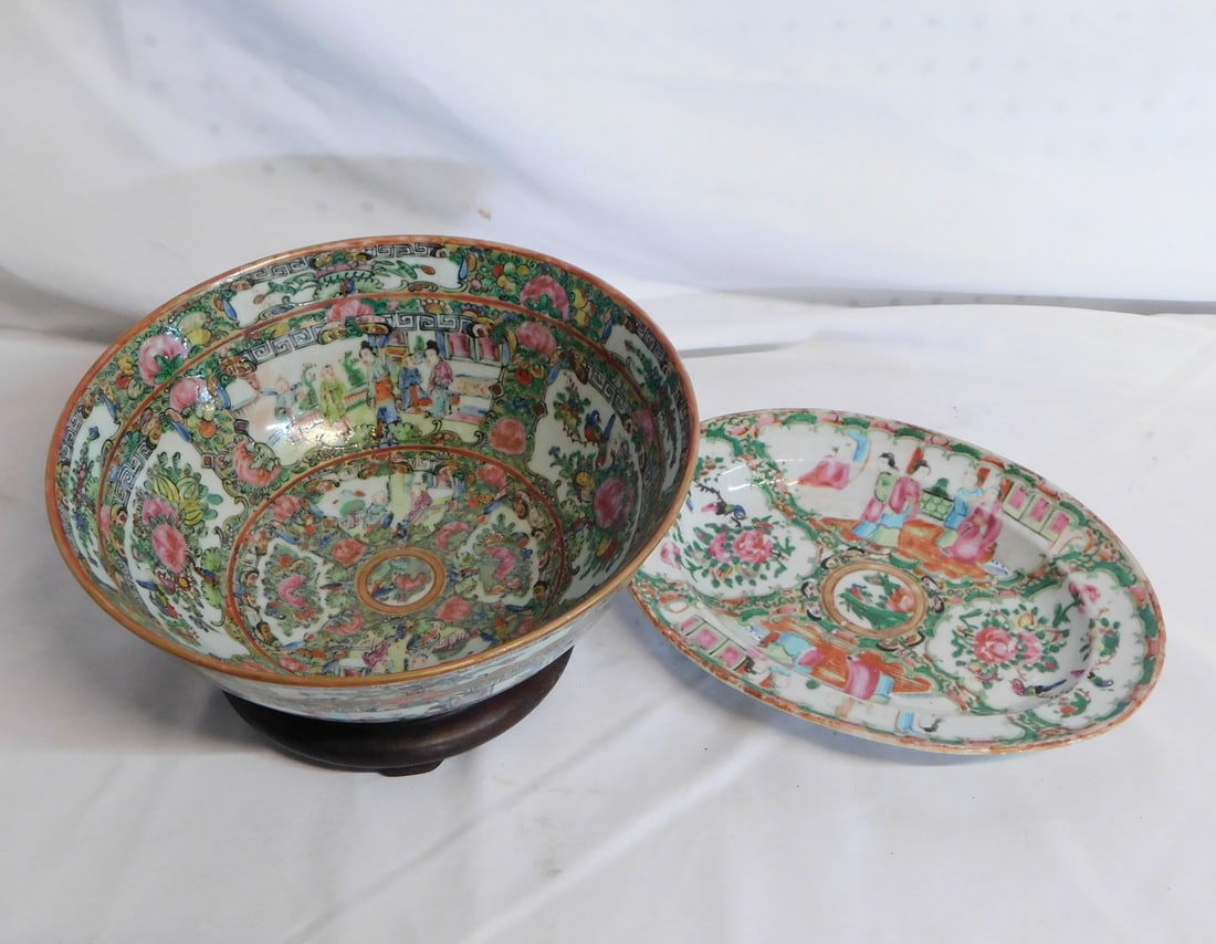 ROSE MEDALLION BOWL ON TEAK STAND AND ANTIQUE OVAL PLATTER. BOWL 10"D: ROSE MEDALLION BOWL ON TEAK STAND AND ANTIQUE OVAL PLATTER. BOWL 10"D