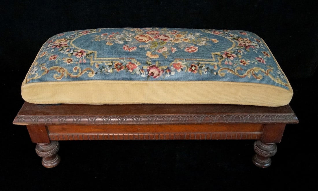 VICTORIAN NEEDLEPOINT FOOT STOOL 10' H 22'L 11'D (C 553) (1 of 9)