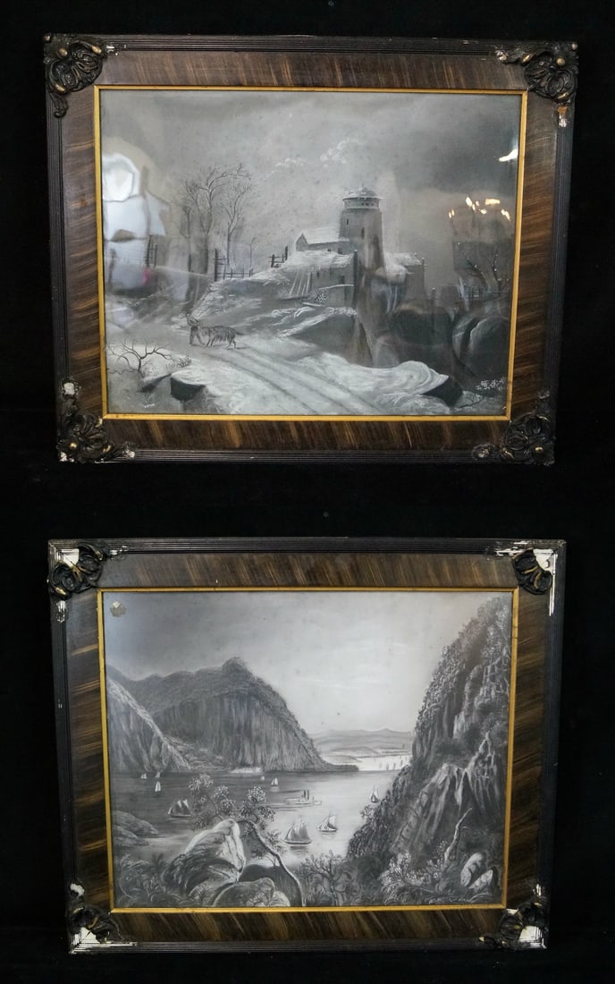 2 FOLK ART SIGNED, SAND PAINTINGS "HUDSON RIVER" AND "SNOWY CHATEAU" 20X27 LARGEST (M 558) (1 of 9)