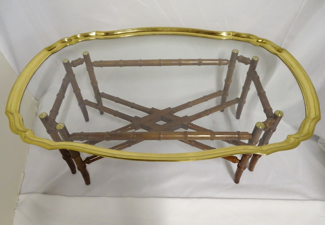 FAUX BAMBOO BRASS AND GLASS TRAY TABLE 16 X 41.75 X 28: FAUX BAMBOO BRASS AND GLASS TRAY TABLE 16 X 41.75 X 28