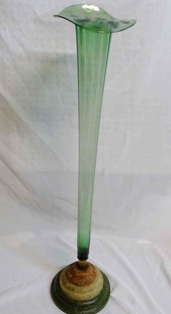 FLOOR VASE, LARGE GREEN GLASS VASE MOUNTED ON A TIERED MARBLE BASE 42"H x 10"DIA. (T238) (1 of 10)