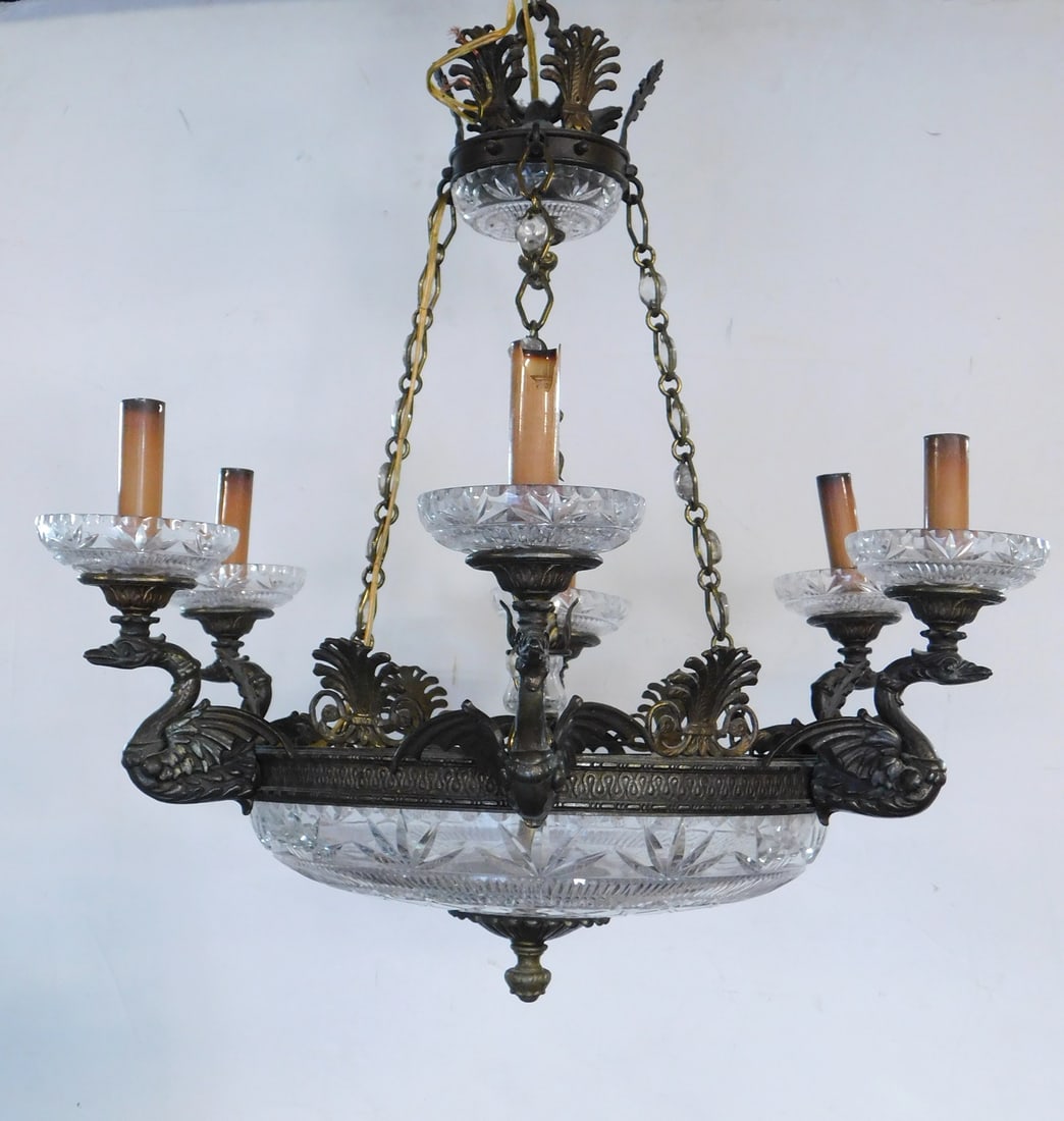 BRONZE & CRYSTAL WINGED SERPENT FIGURAL 6 LITE HANGING FIXTURE 22" X 23" DIA.: BRONZE & CRYSTAL WINGED SERPENT FIGURAL 6 LITE HANGING FIXTURE 22" X 23" DIA.