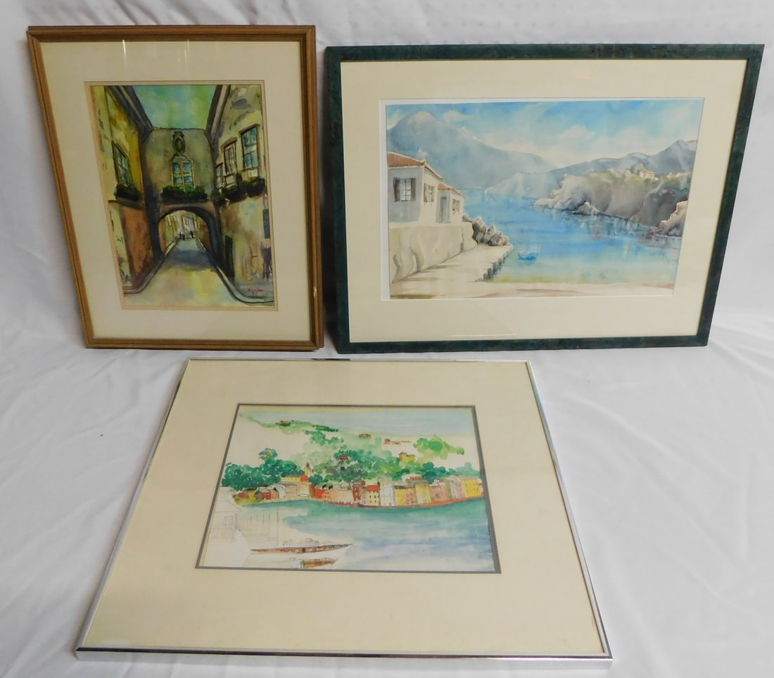 3 WATERCOLOR LANDSCAPES, VARIOUS ARTISTS; 2 WATERFRONT SCENES 1 STREET.  19 1/2" X 25" OVERALL (1 of 8)