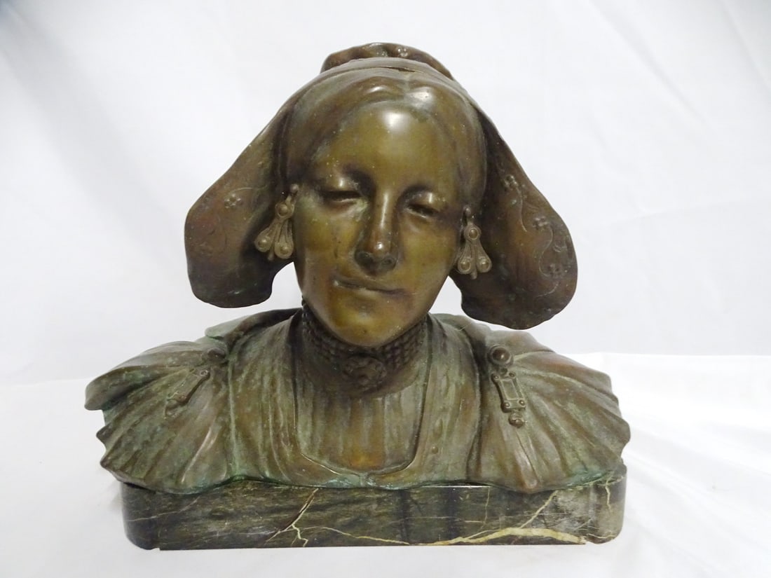 SIGNED BRONZE FEMALE BUST ON MARBLE BASE 12" X 14" X 9" (1 of 15)