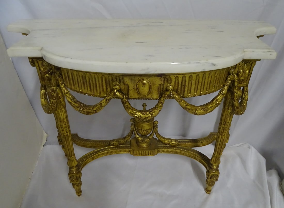 LOUIS XVI STYLE GILT MARBLE TOP CONSOLE, 30 X 39 X 17.5: LOUIS XVI STYLE GILT MARBLE TOP CONSOLE, 30 X 39 X 17.5
