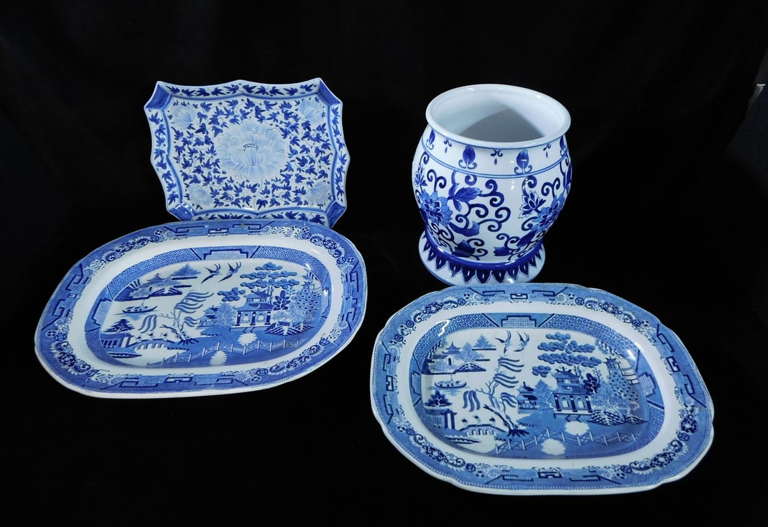 FOUR PIECES OF BLUE AND WHITE PORCELAIN INC.. ENGLISH BLUE WILLOW, 14 X 17.75 X 1.75 LARGEST (1 of 12)