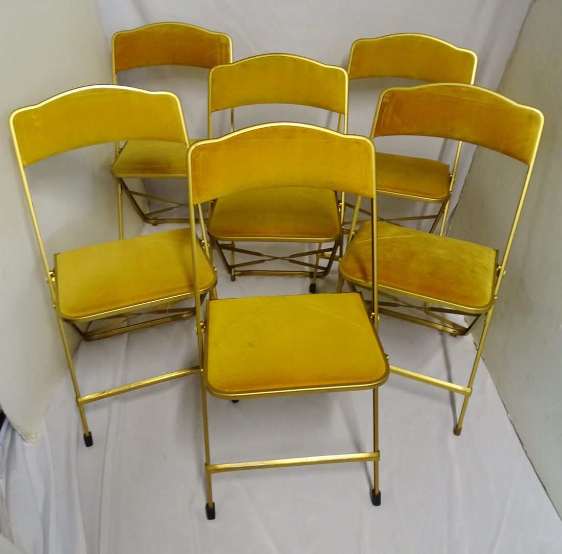 GROUP OF 6 GILT METAL VELVET UPHOLSTERED BALLROOM FOLDING CHAIRS 32X17X17: GROUP OF 6 GILT METAL VELVET UPHOLSTERED BALLROOM FOLDING CHAIRS 32X17X17