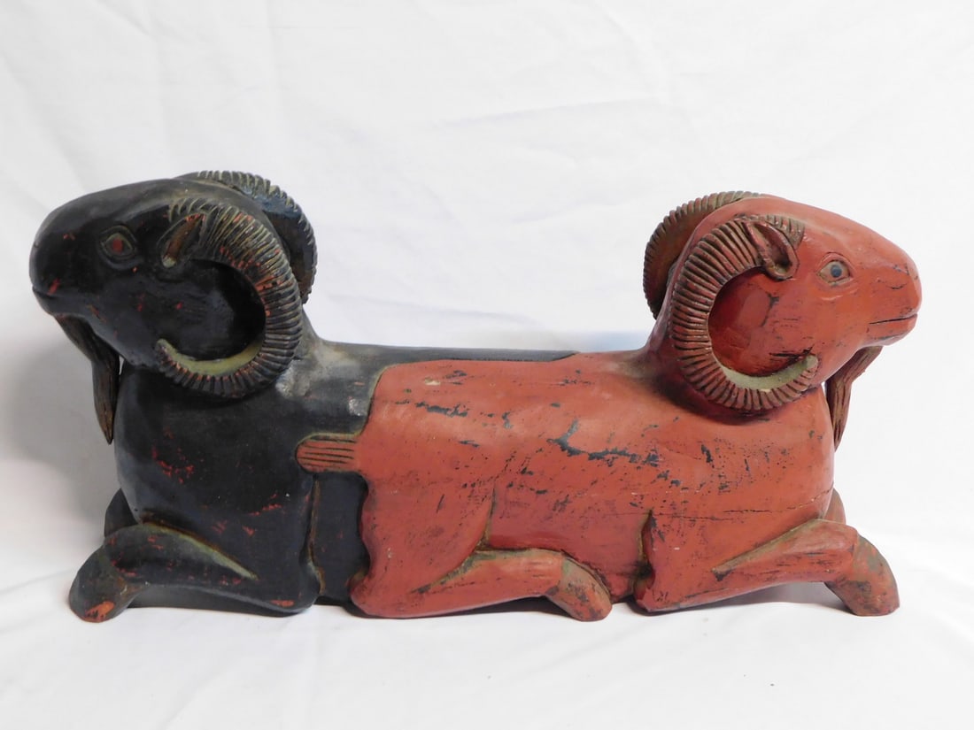 DOUBLE RAM STATUE, WOOD PAINTED BLACK AND RED 13'H X 26'L X 7'D: DOUBLE RAM STATUE, WOOD PAINTED BLACK AND RED 13'H X 26'L X 7'D