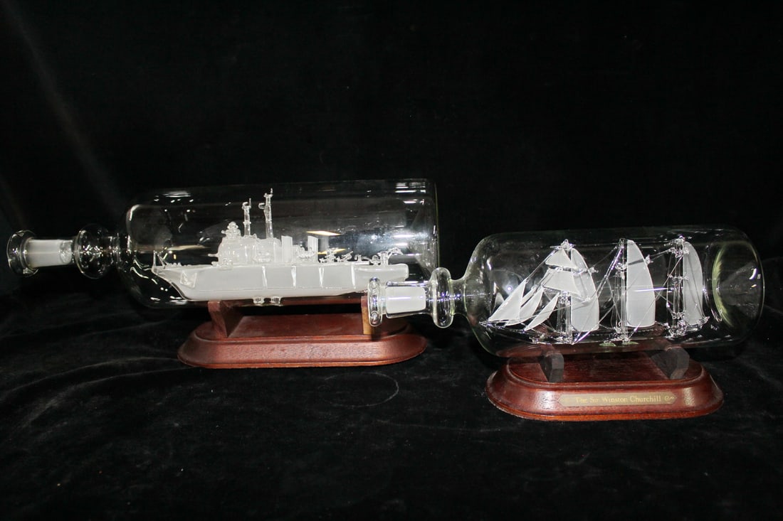 SPUN GLASS SHIPS IN BOTTLES "SIR WINSTON CHURCHILL" & ONE OTHER, LARGEST IS 6" X 14 1/4" X 5" (1 of 12)