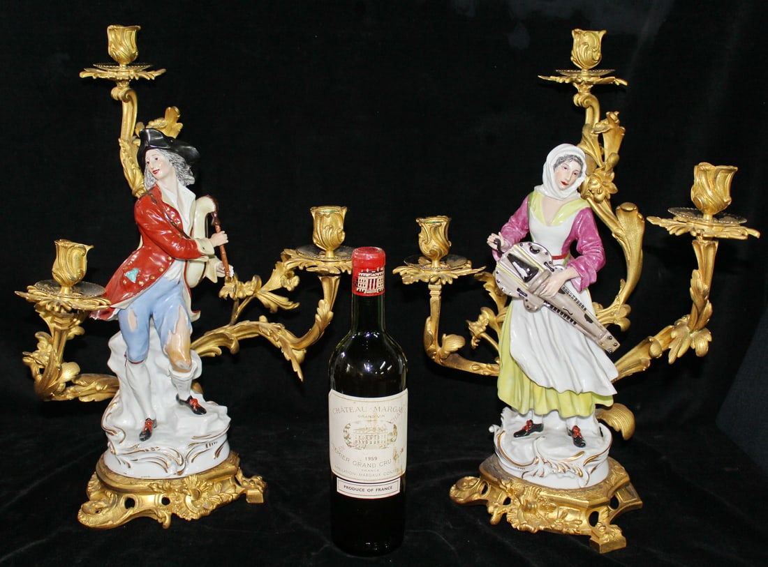 GERMAN DORE BRONZE & PORCELAIN FIGURAL CANDLEABRAS (SOME LOSSES) 20" HIGH, 15" X 12" (1 of 20)