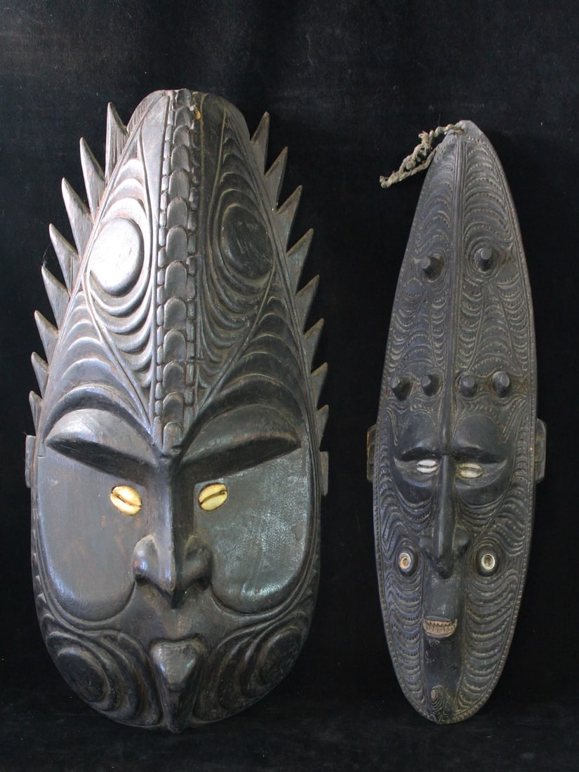 (2) TRIBAL MASKS W/PUKA SHELL EYES, LARGEST 23" X 13" (Q 286) (1 of 12)