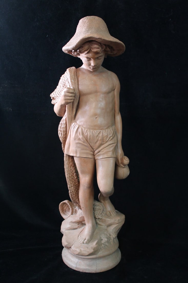 CAST CONCRETE FIGURE OF A BOY W/FISHING NET 32 1/2" HIGH (Q 284) (1 of 14)
