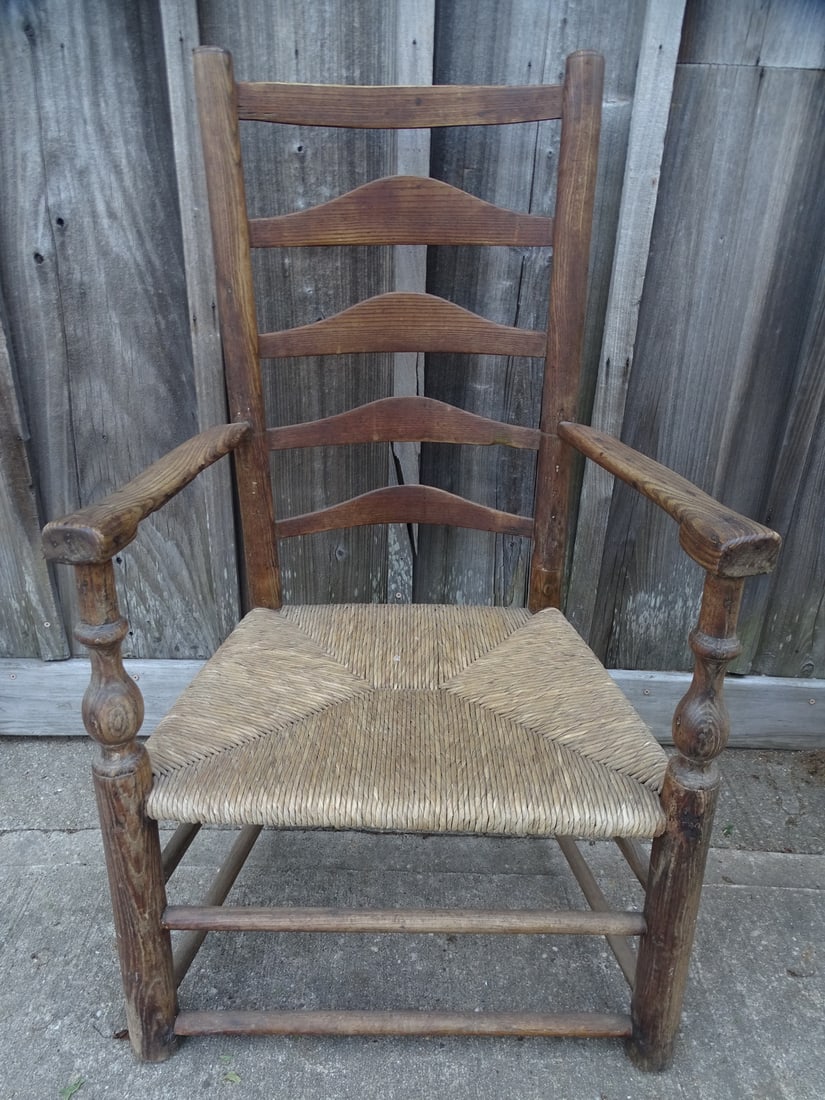 ENGLISH LADDERBACK RUSH SEAT CHAIR 40 1/2" X 24" X 18" (R144) (1 of 10)