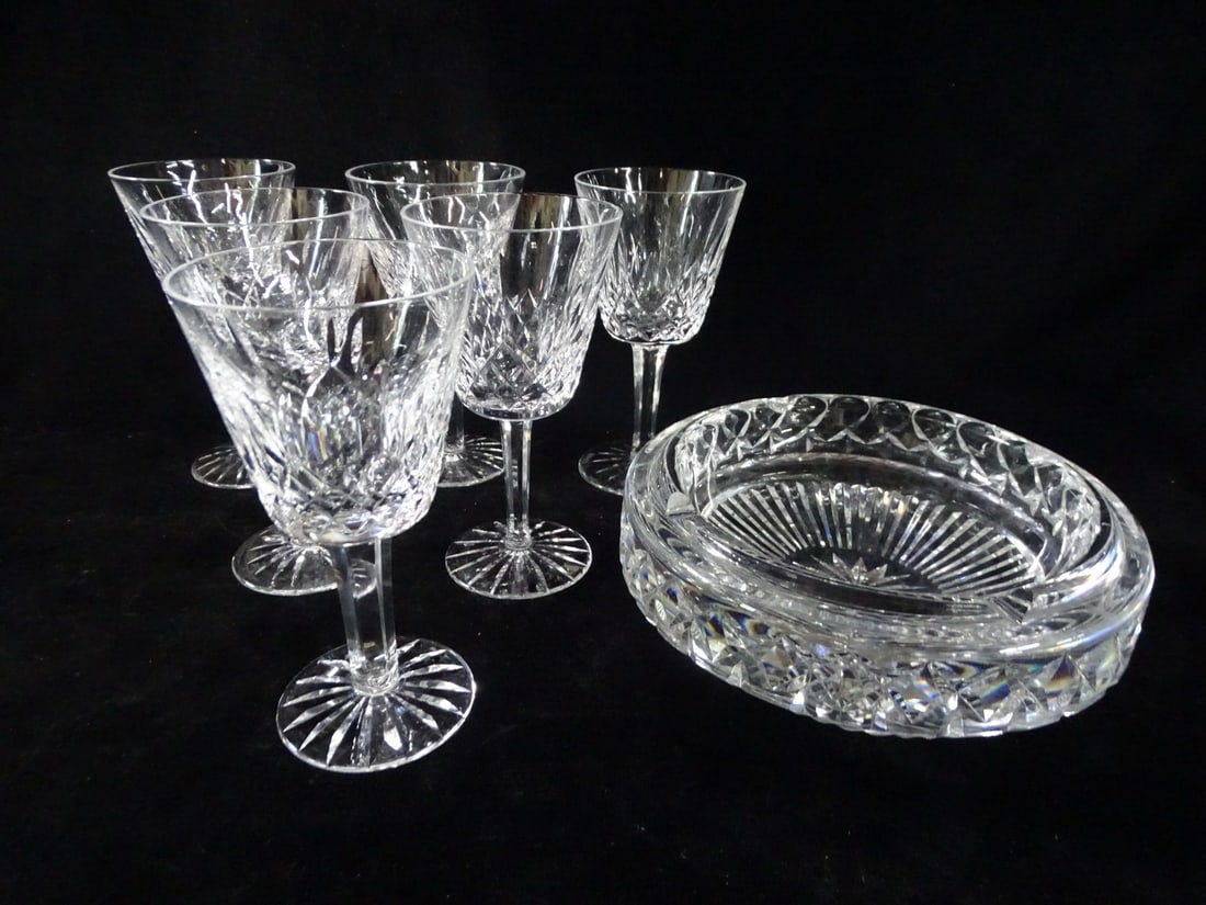 6 WATERFORD LISMORE WINE GLASSES AND SUBSTANTIAL ASH TRAY (STEMWARE 6" H): 6 WATERFORD LISMORE WINE GLASSES AND SUBSTANTIAL ASH TRAY (STEMWARE 6" H)