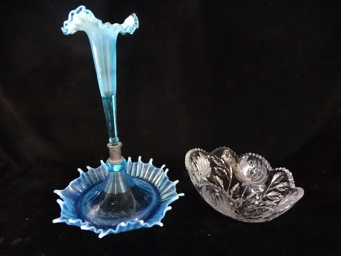 FENTON (?) BLUE OPSALESCENT EPERGNE AND CUT CRYSTAL BOWL 17" (1 of 10)