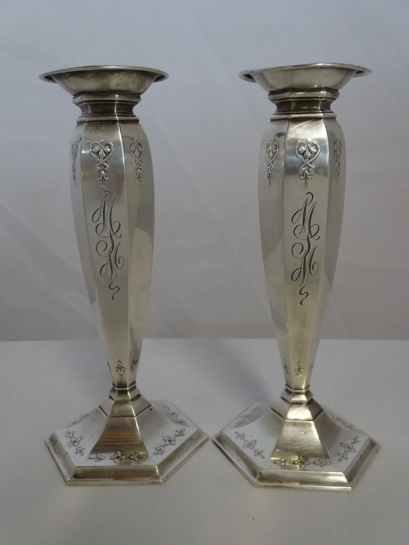 PAIR WEIGHTED STERLING CANDLESTICKS 8 1/2" HIGH (1 of 10)
