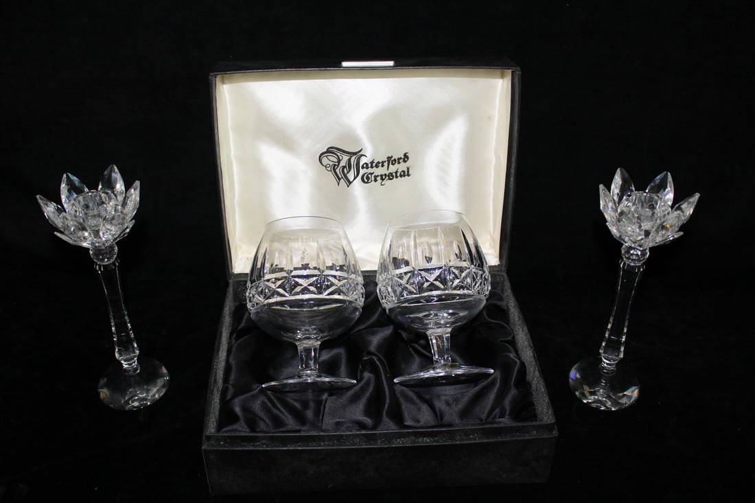 Group Of Waterford Crystal Snifter Glasses And Pair Of Swarovski