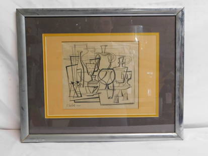 FRANCOISE FAIME GILOT 1948, SIGNED ABSTRACT DRAWNG IN PENCIL 10X10 IMAGE 18X21.5 OVERALL: FRANCOISE FAIME GILOT 1948, SIGNED ABSTRACT DRAWNG IN PENCIL 10X10 IMAGE 18X21.5 OVERALL