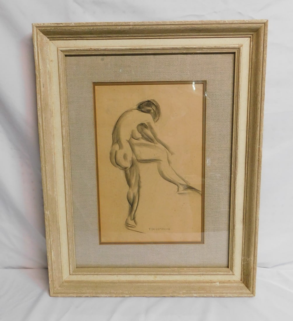 TAMARA DE LEMPICKA PENCIL DRAWING OF FEMALE NUDE 18X12 IMAGE 29X23 OVERALL: TAMARA DE LEMPICKA PENCIL DRAWING OF FEMALE NUDE 18X12 IMAGE 29X23 OVERALL