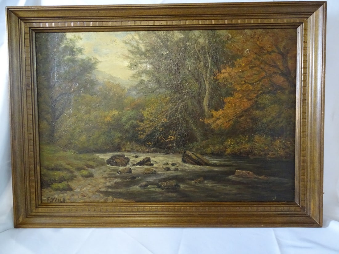 FRANK WILD, SIGNED, RIVER LANDSCAPE, OIL ON CANVAS, 19" X 24" IMAGE - (E-77) (1 of 12)